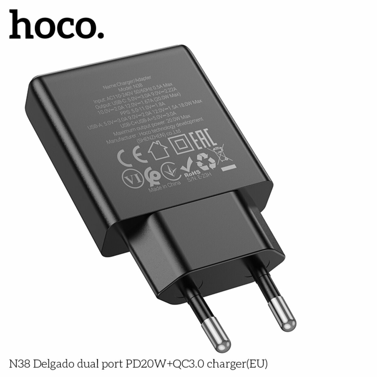 Мережевий зарядний пристрій Hoco N38 Delgado PD20W+QC3.0 чорний (HC-N38-Black) дивитися фото №6