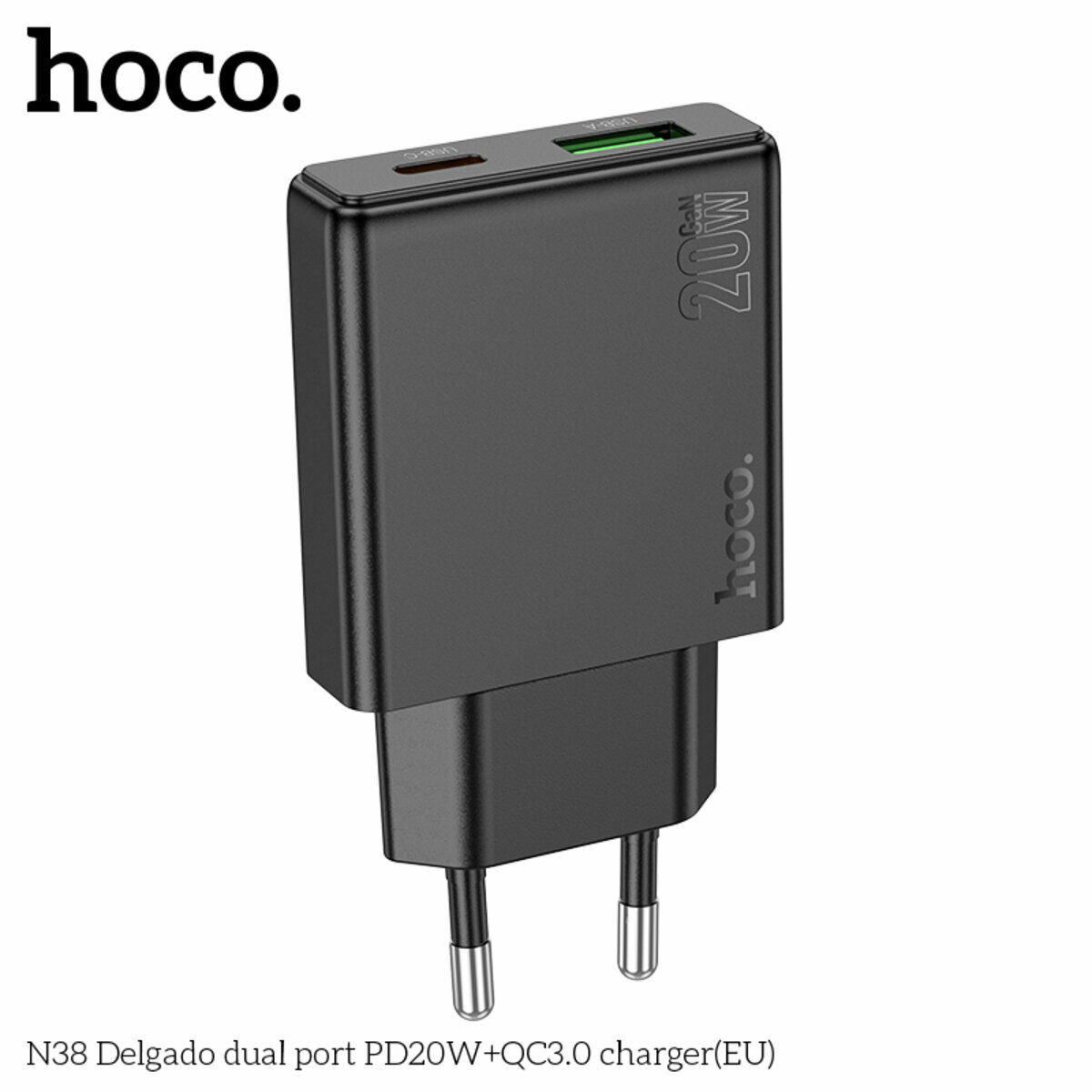 Мережевий зарядний пристрій Hoco N38 Delgado PD20W+QC3.0 чорний (HC-N38-Black) дивитися фото №2