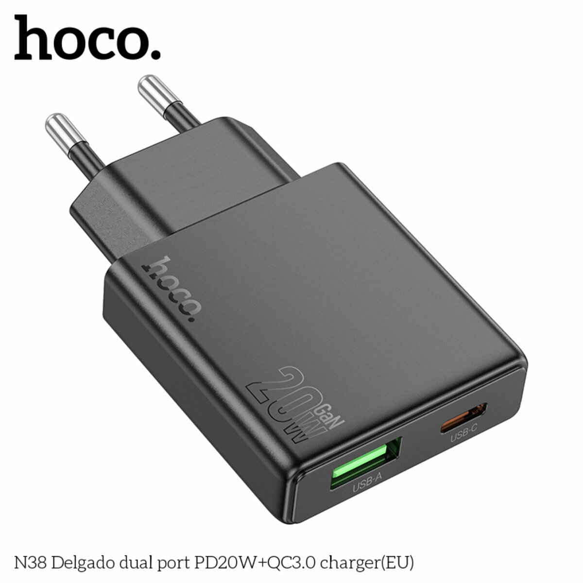 Мережевий зарядний пристрій Hoco N38 Delgado PD20W+QC3.0 чорний (HC-N38-Black) дивитися фото №4