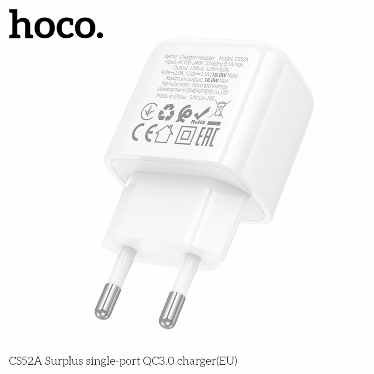 Мережевий зарядний пристрій Hoco CS52A Surplus QC3.0 білий (HC-CS52A-White) дивитися фото №5