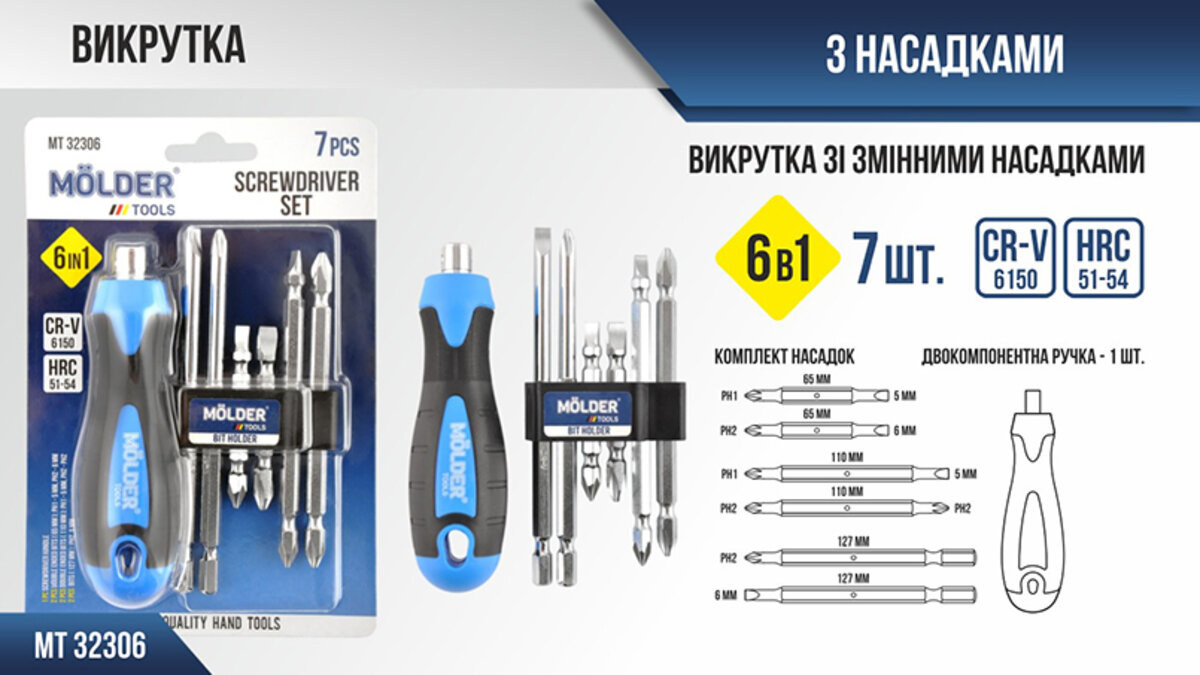 Викрутка Molder зі змінними насадками 6в1 MT32306 (MT32306) дивитися фото №2