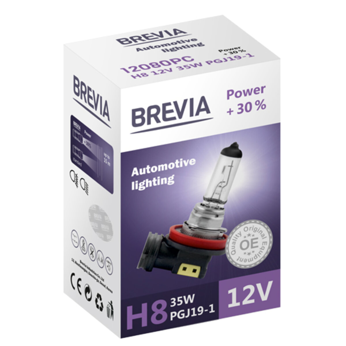 Галогенова лампа Brevia H8 12V 35W PGJ19-1 Power +30% CP (12080PC) дивитися фото №1