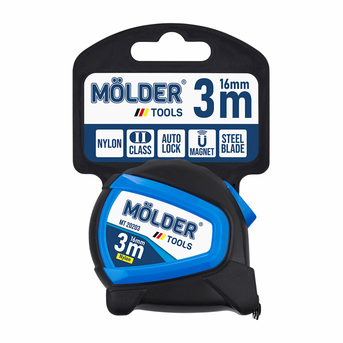Рулетка Molder нейлоновая с автостопом и магнитным зацепом 3м, 16м (MT20203) смотреть фото №5