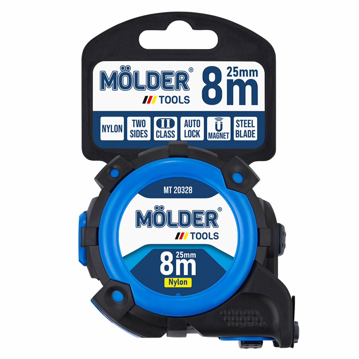 Рулетка Molder нейлоновая с автостопом, магнитным двухсторонним зацепом и шкалой 8м, 25мм (MT20328) смотреть фото №8