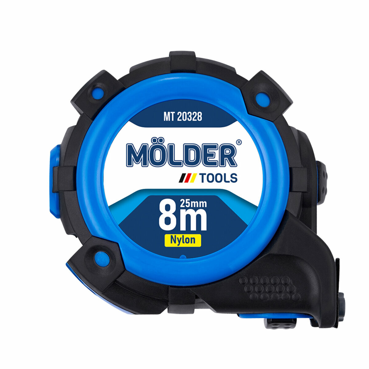 Рулетка Molder нейлоновая с автостопом, магнитным двухсторонним зацепом и шкалой 8м, 25мм (MT20328) смотреть фото №1