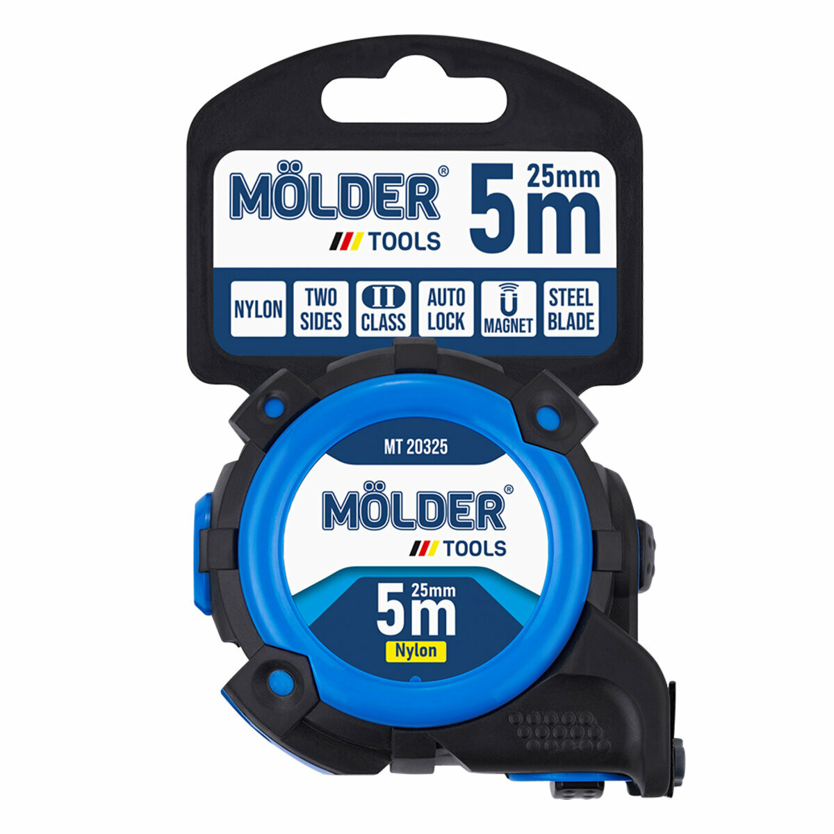 Рулетка Molder нейлоновая с автостопом, магнитным двухсторонним зацепом и шкалой 5м, 25мм (MT20325) смотреть фото №8