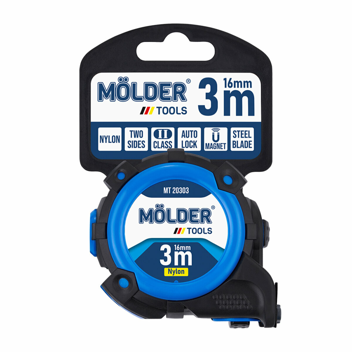 Рулетка Molder нейлоновая с автостопом, магнитным двухсторонним зацепом и шкалой 3м, 16мм (MT20303) смотреть фото №8