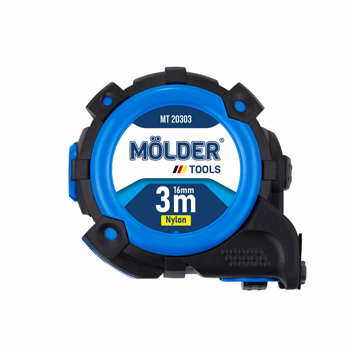 Рулетка Molder нейлоновая с автостопом, магнитным двухсторонним зацепом и шкалой 3м, 16мм (MT20303) смотреть фото №1