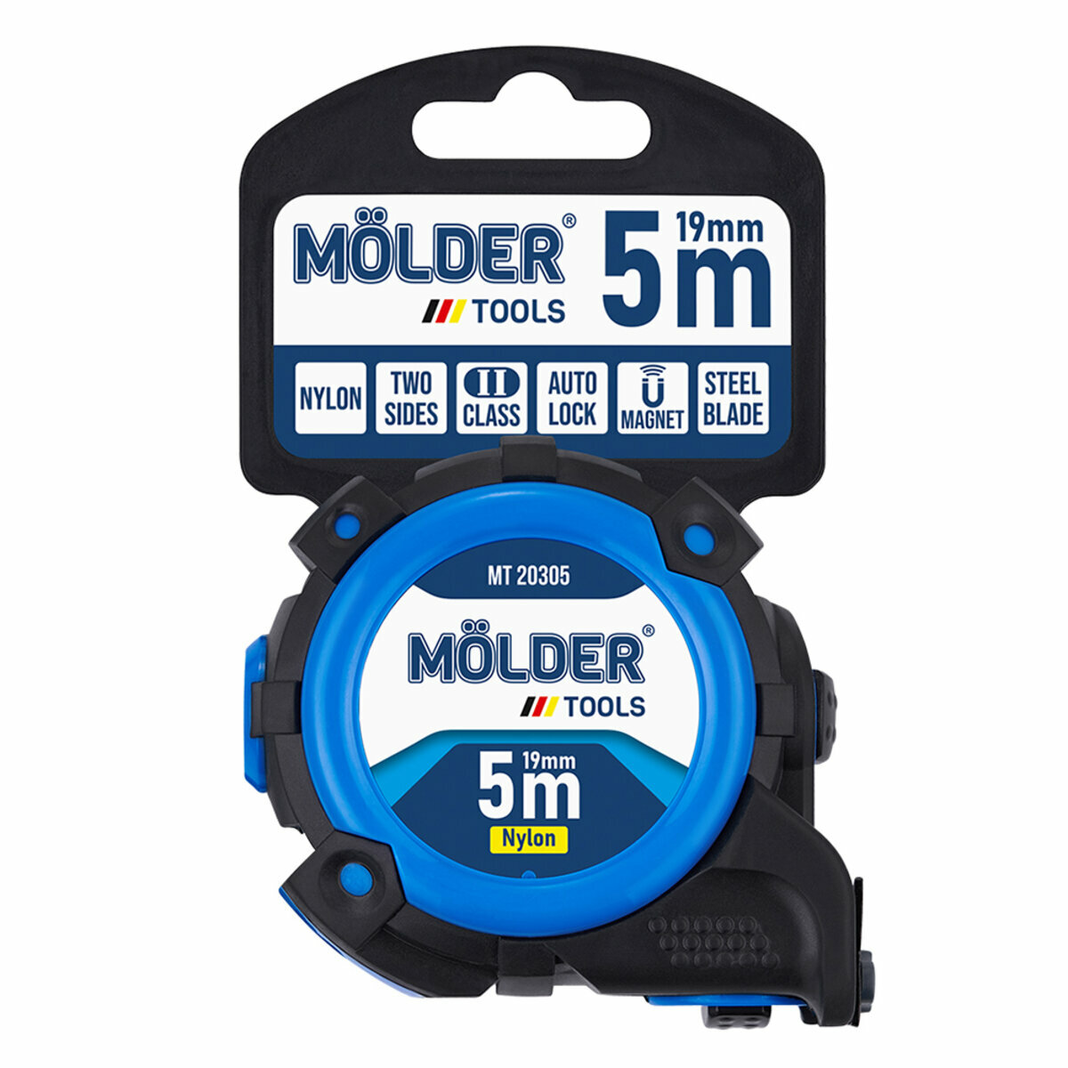 Рулетка Molder нейлоновая с автостопом, магнитным двухсторонним зацепом и шкалой 5м, 19мм (MT20305) смотреть фото №5