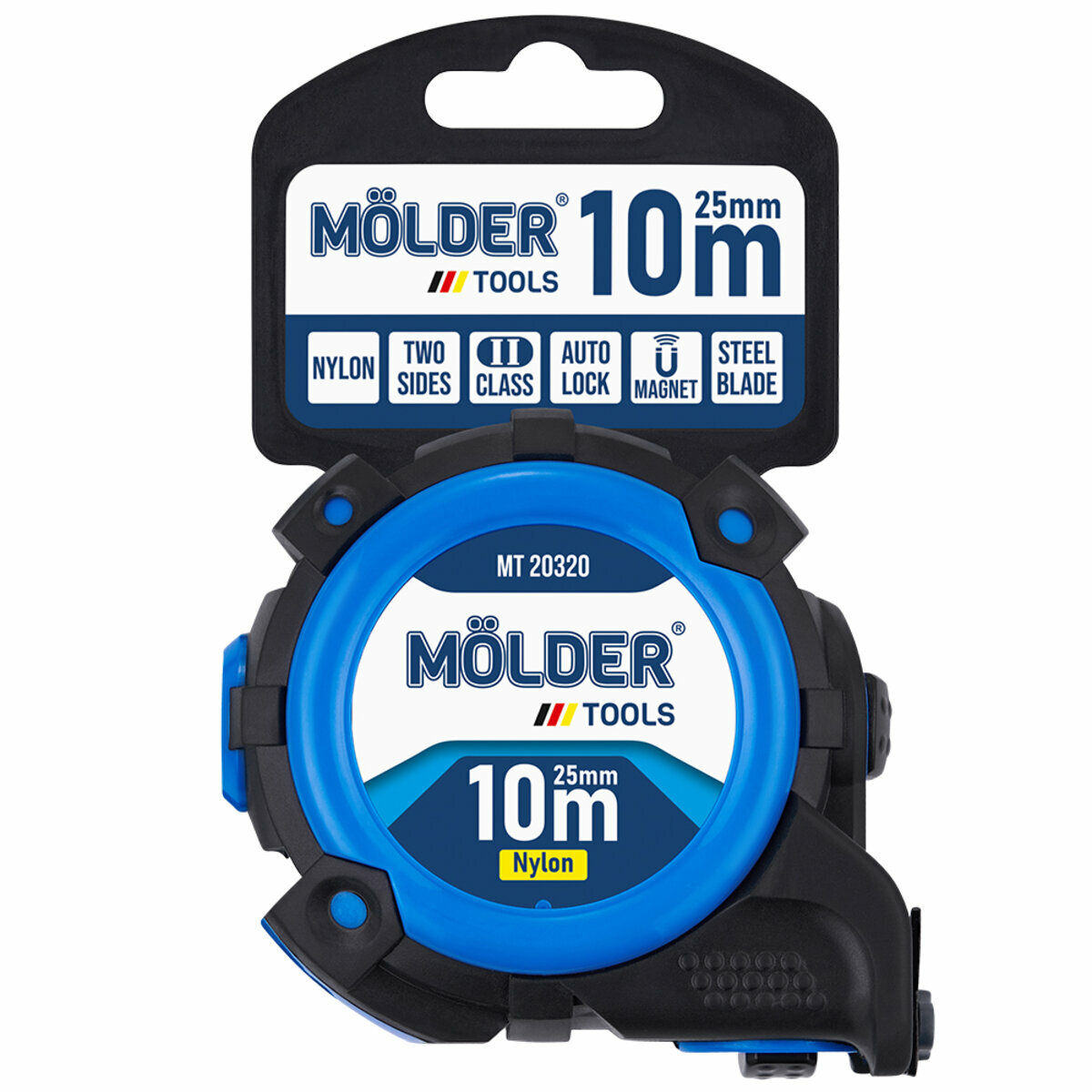 Рулетка Molder нейлоновая с автостопом, магнитным двухсторонним зацепом и шкалой 10м, 25мм (MT20320) смотреть фото №5