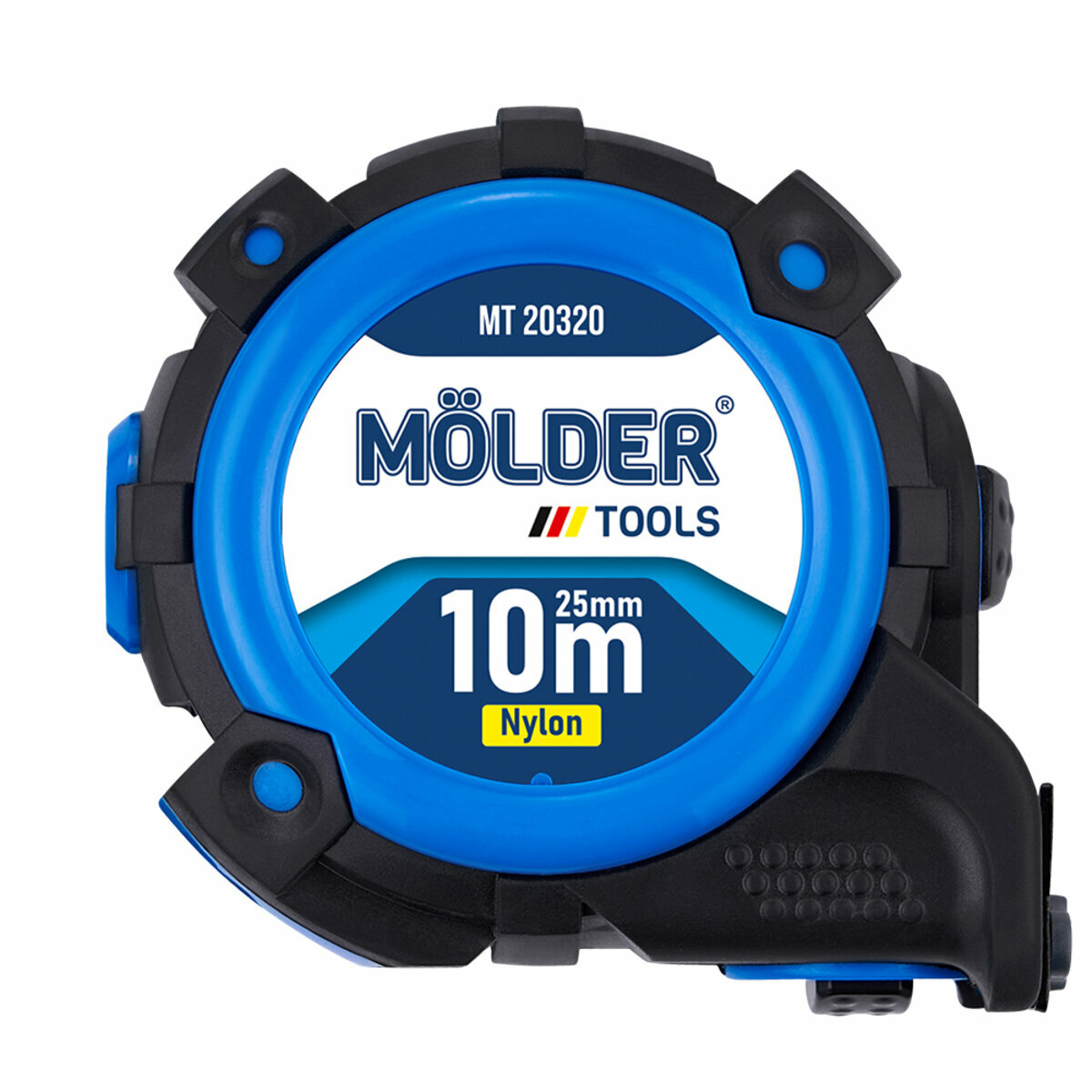 Рулетка Molder нейлоновая с автостопом, магнитным двухсторонним зацепом и шкалой 10м, 25мм (MT20320) смотреть фото №1