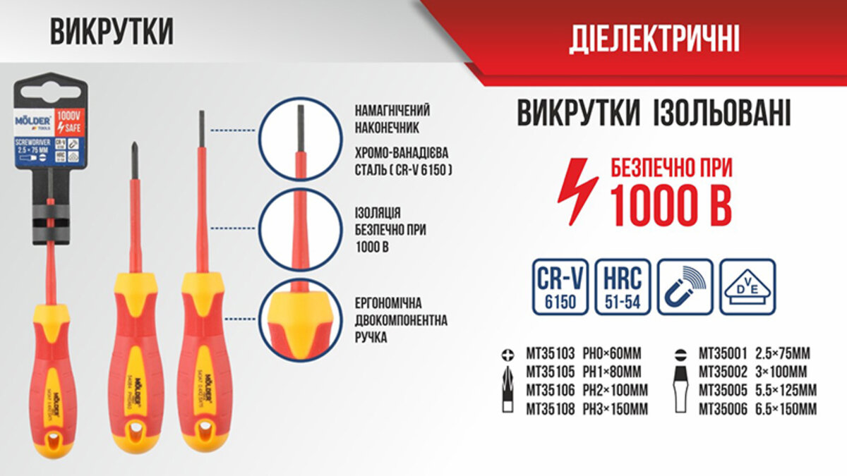 Викрутка Molder хрестова діелектрична VDE 1000В, PH3x150mm (MT35108) дивитися фото №3
