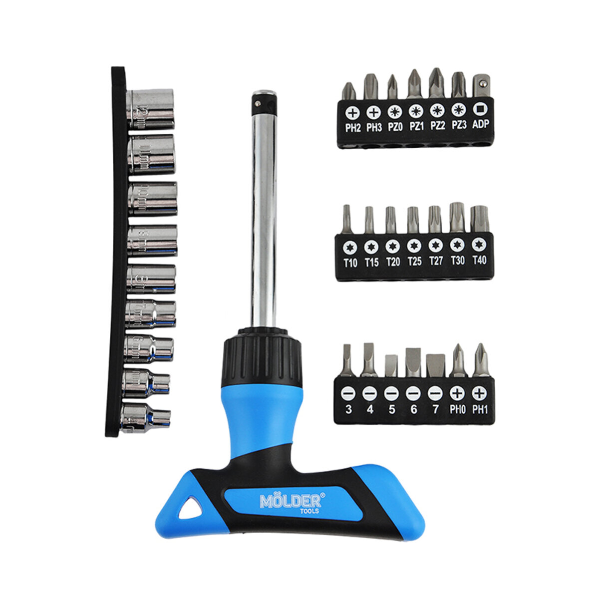 Викрутка Molder Т-подібна реверсивна з комплектом насадок 30в1 (MT32331) дивитися фото №3