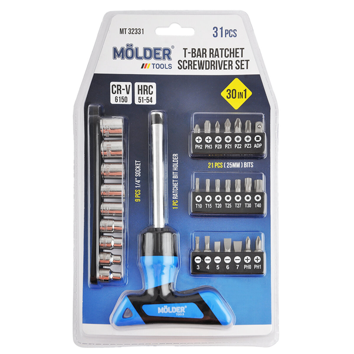Викрутка Molder Т-подібна реверсивна з комплектом насадок 30в1 (MT32331) дивитися фото №1