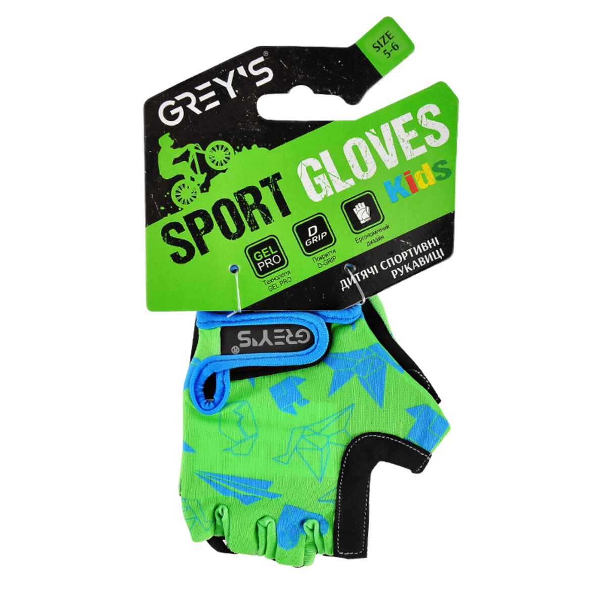 Велорукавиці дитячі Greys з короткими пальцями та гелевими вставками, зелено-чорні (розмір 5-6) GR18711 (GR18711) дивитися фото №1
