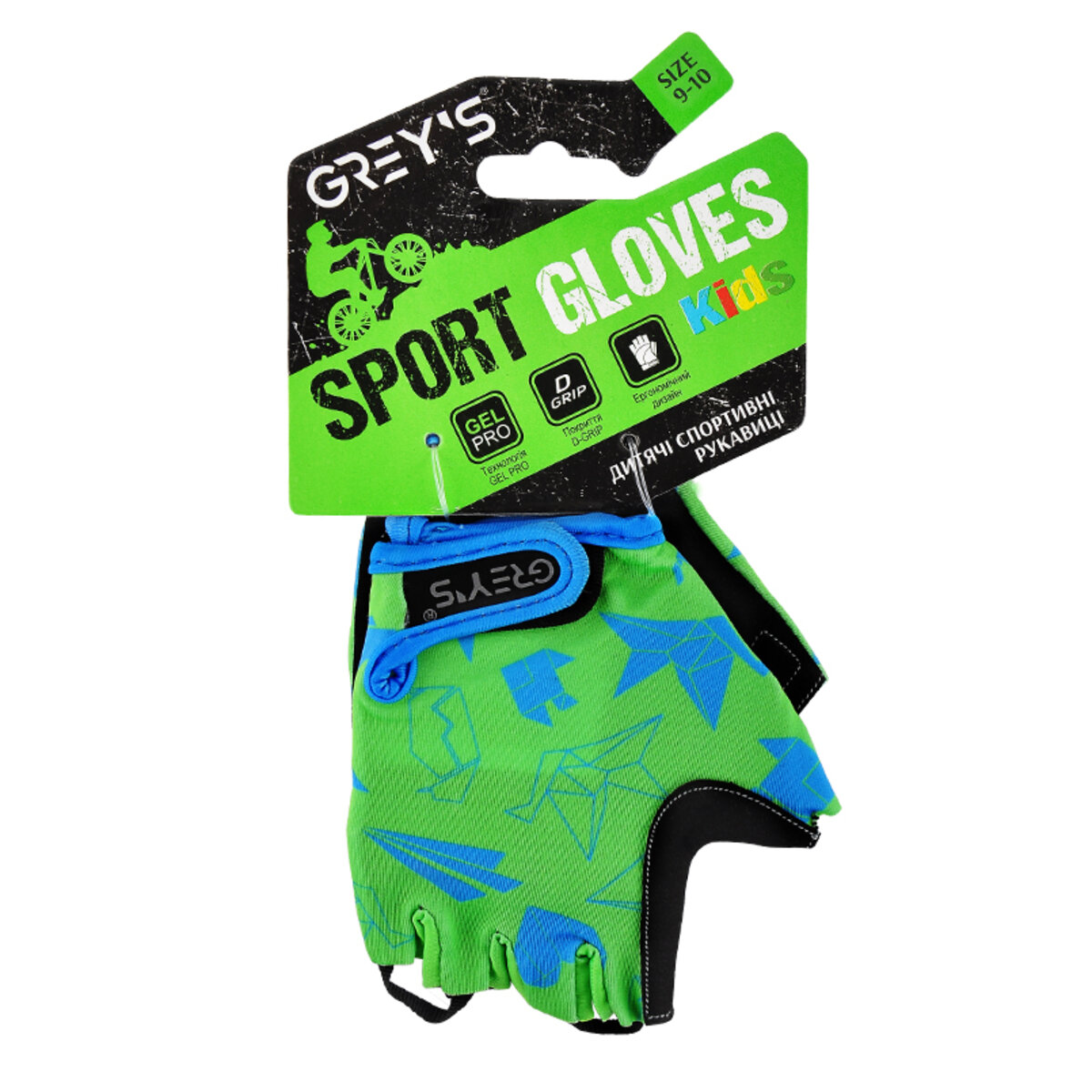 Велорукавиці дитячі Greys з короткими пальцями та гелевими вставками, зелено-чорні (розмір 9-10) GR18713 (GR18713) дивитися фото №1