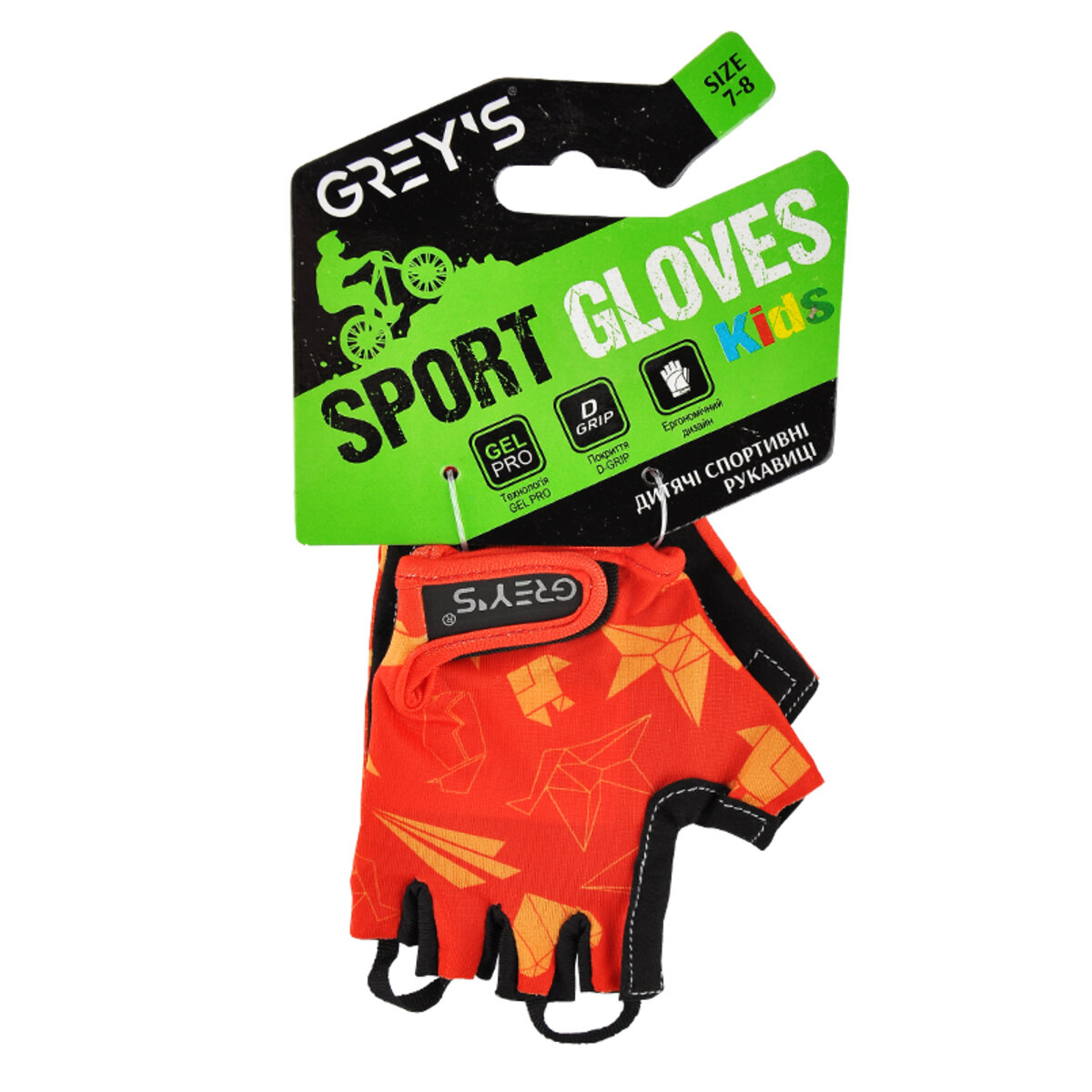 Велорукавиці дитячі Greys з короткими пальцями та гелевими вставками, червоно-чорні (розмір 7-8) GR18732 (GR18732) дивитися фото №1