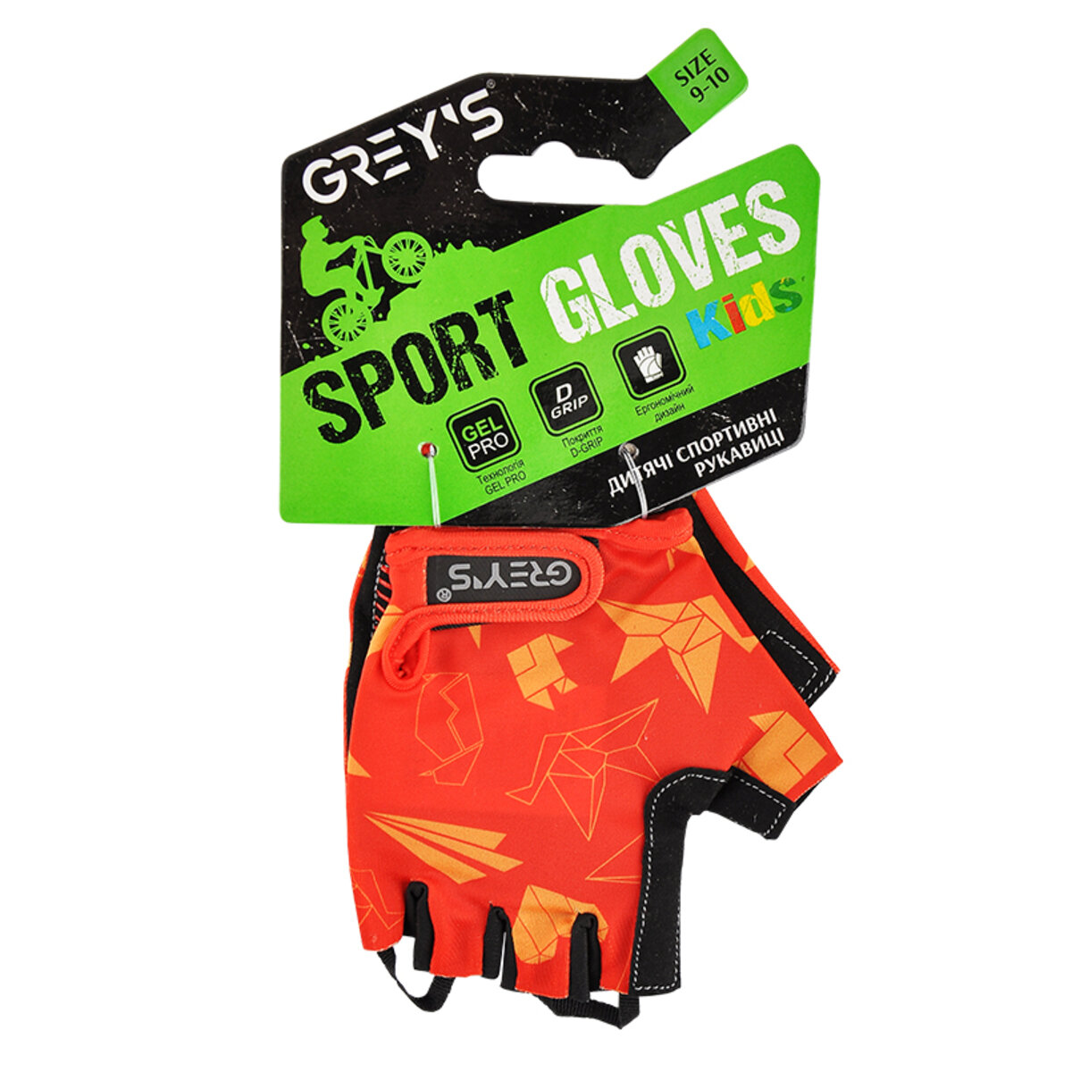 Велорукавиці дитячі Greys з короткими пальцями та гелевими вставками, червоно-чорні (розмір 9-10) GR18733 (GR18733) дивитися фото №1