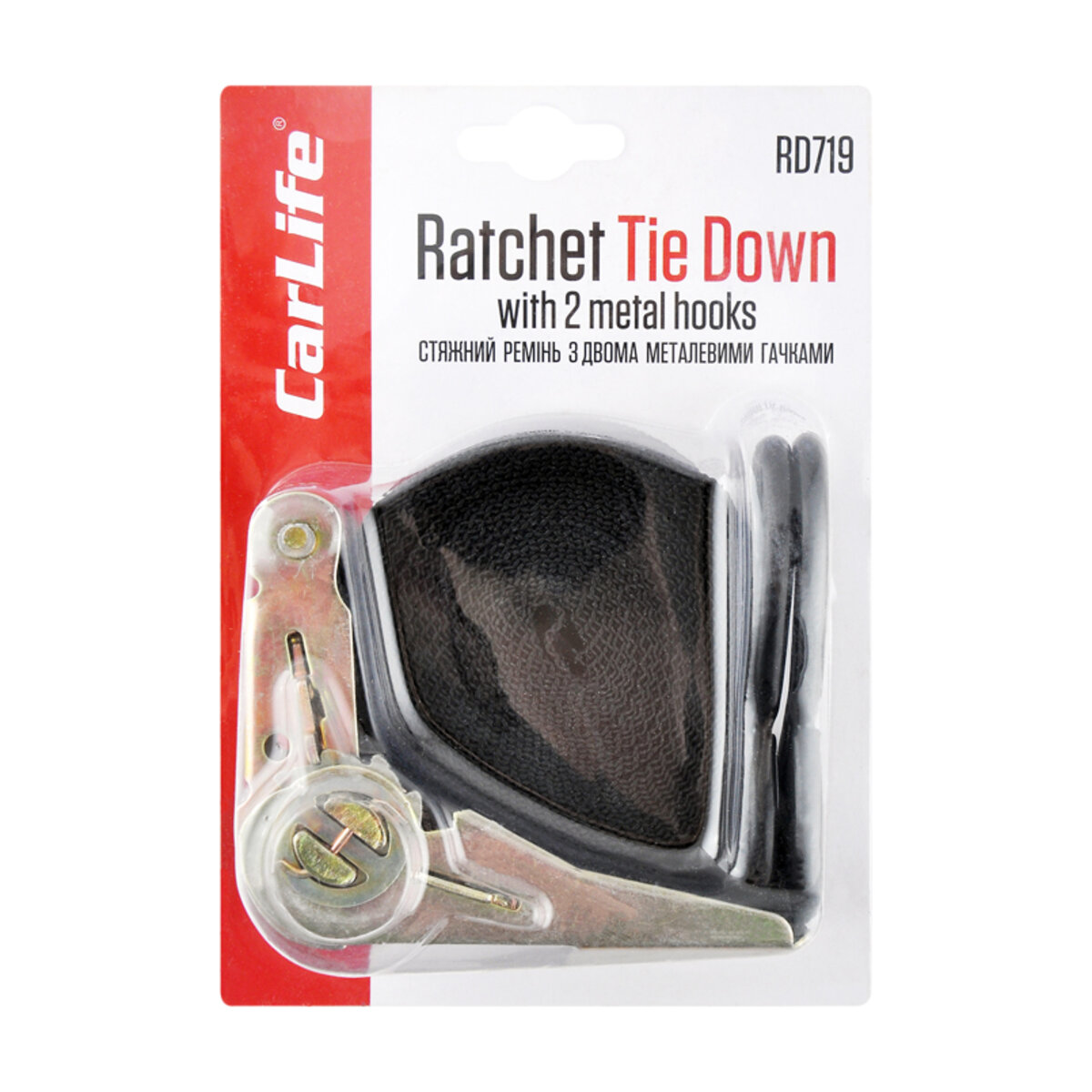 Стяжний ремінь з трещіткою і двома гачками CarLife, 5м (RD719) дивитися фото №2