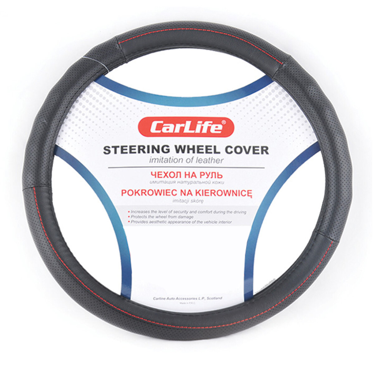 Чохол на кермо Carlife 39-41 см зі штучної шкіри, чорний з червоною ниткою (SW112L) дивитися фото №1