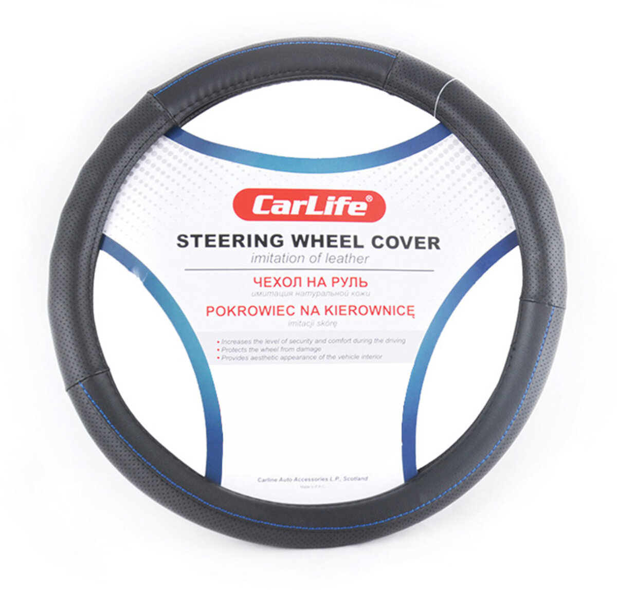 Чохол на кермо Carlife 37-39 см зі штучної шкіри, чорний із синьою ниткою (SW113M) дивитися фото №1