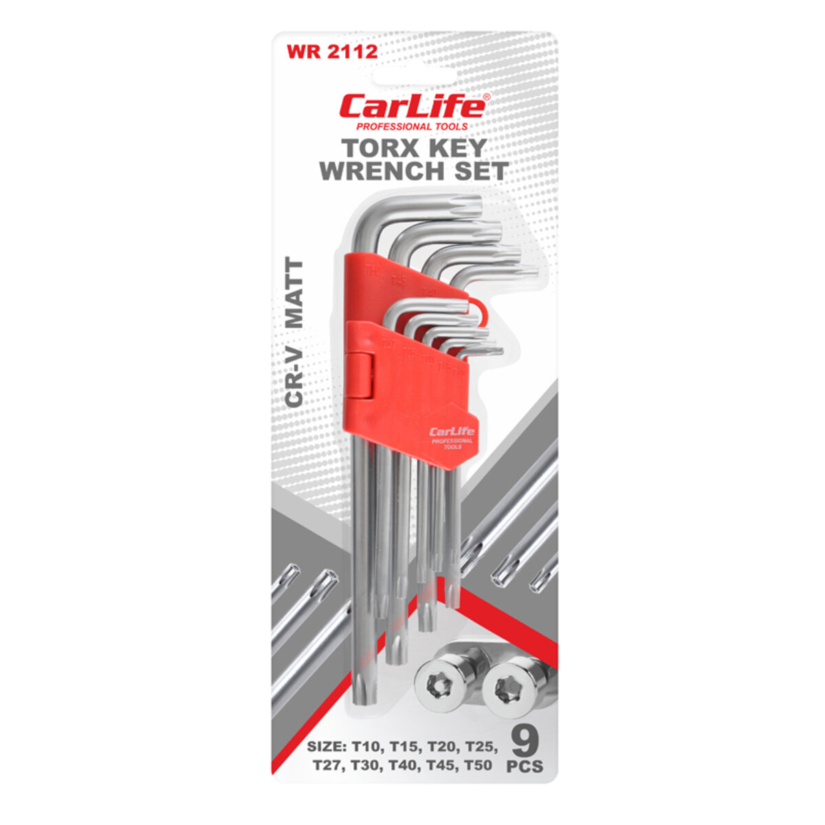 Набір ключів Carlife CR-V matt Г-подібних тор-х з отвором, T10-50, середні, 9шт (WR2112) дивитися фото №2