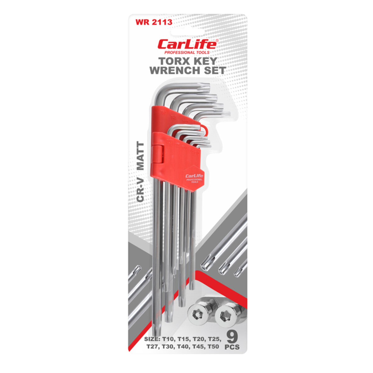 Набір ключів Carlife CR-V matt Г-подібних тор-х з отвором, T10-50, довгі, 9шт (WR2113) дивитися фото №2