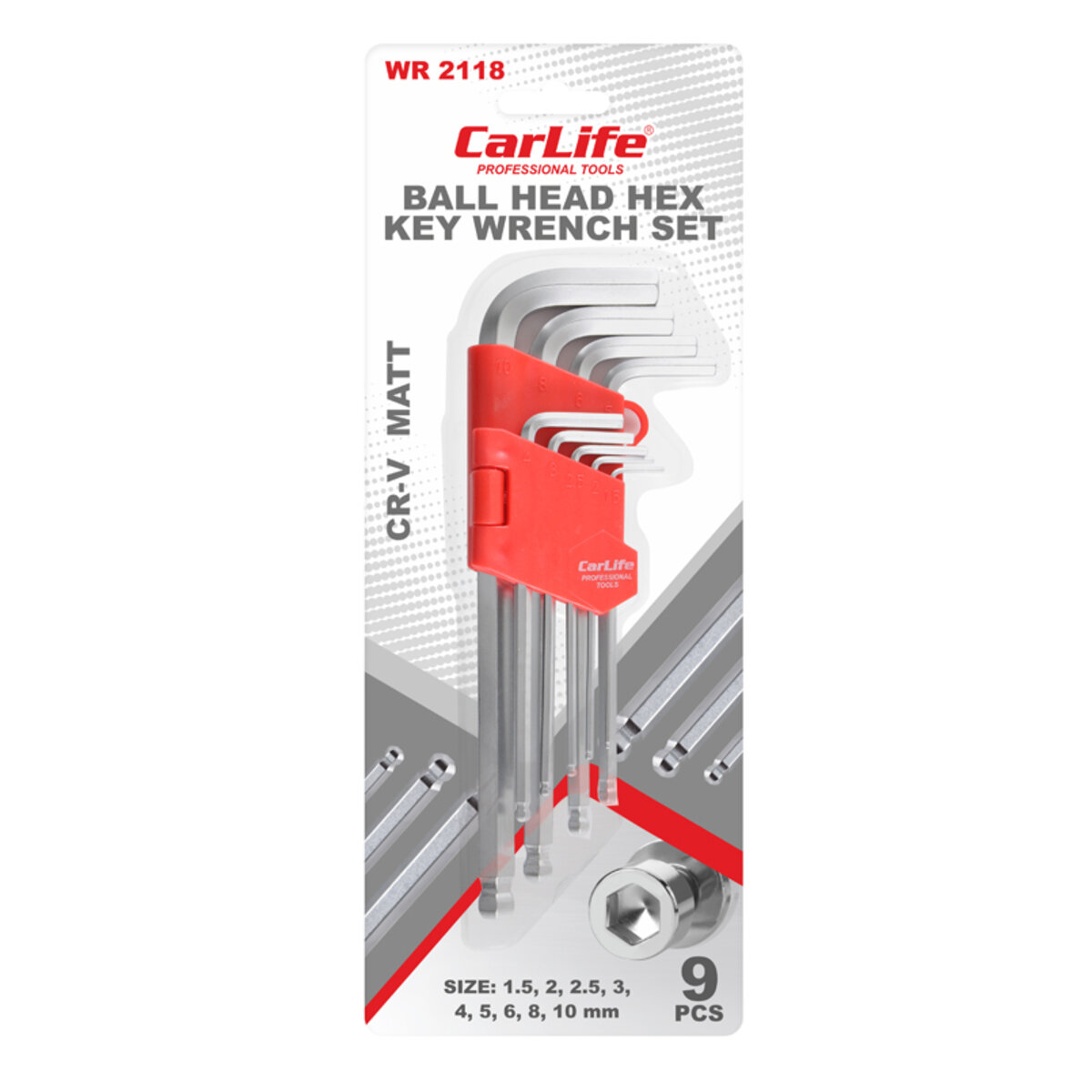 Набір ключів Carlife CR-V matt Г-подібних з шар. након-м, 1.5-10мм, середні, 9шт (WR2118) дивитися фото №2
