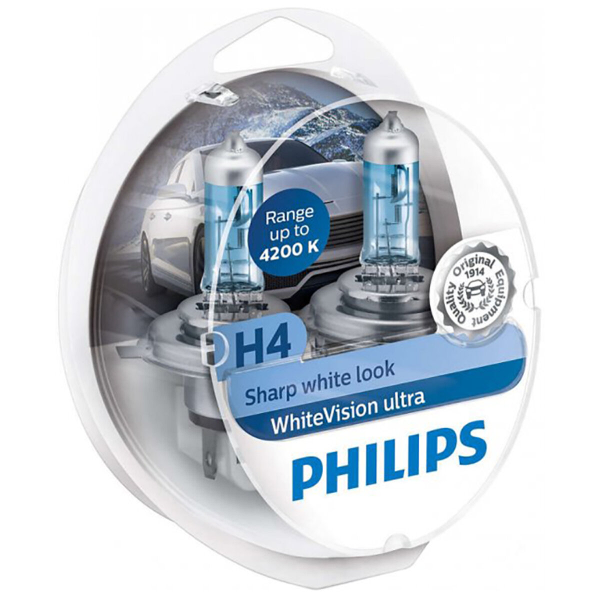 Галогенова лампа Philips H4 WhiteVision Ultra+60% 4200K 12V 60/55W P43t-38 (12342WVUSM) дивитися фото №1