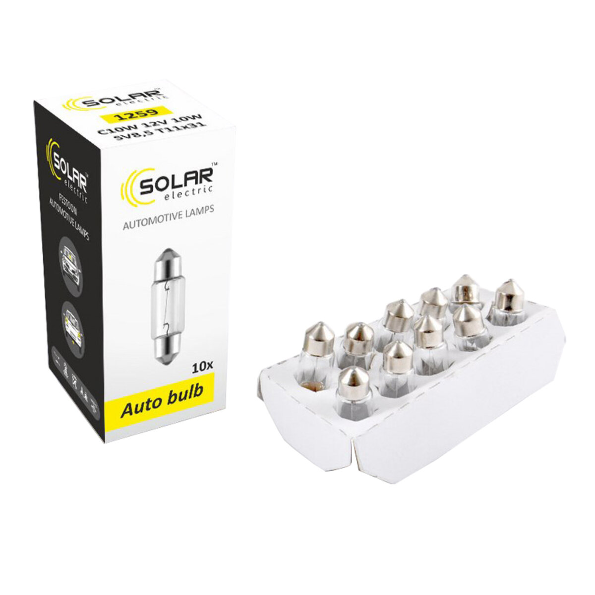 Лампа розжарювання Solar С10W 12V 10W SV8,5 T11x31, 10шт (1259) дивитися фото №1