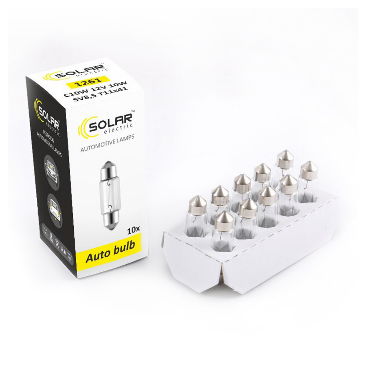 Лампа розжарювання Solar C10W 12V 10W SV8.5 T11x41, 10шт (1261) дивитися фото №1