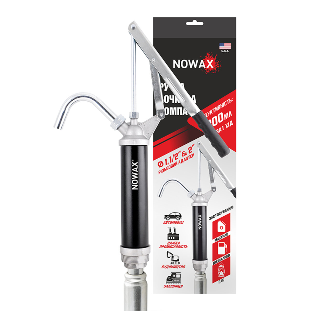 Ручна бочкова помпа Nowax важільного типу для мастила металевий забірник (NX12170) дивитися фото №2