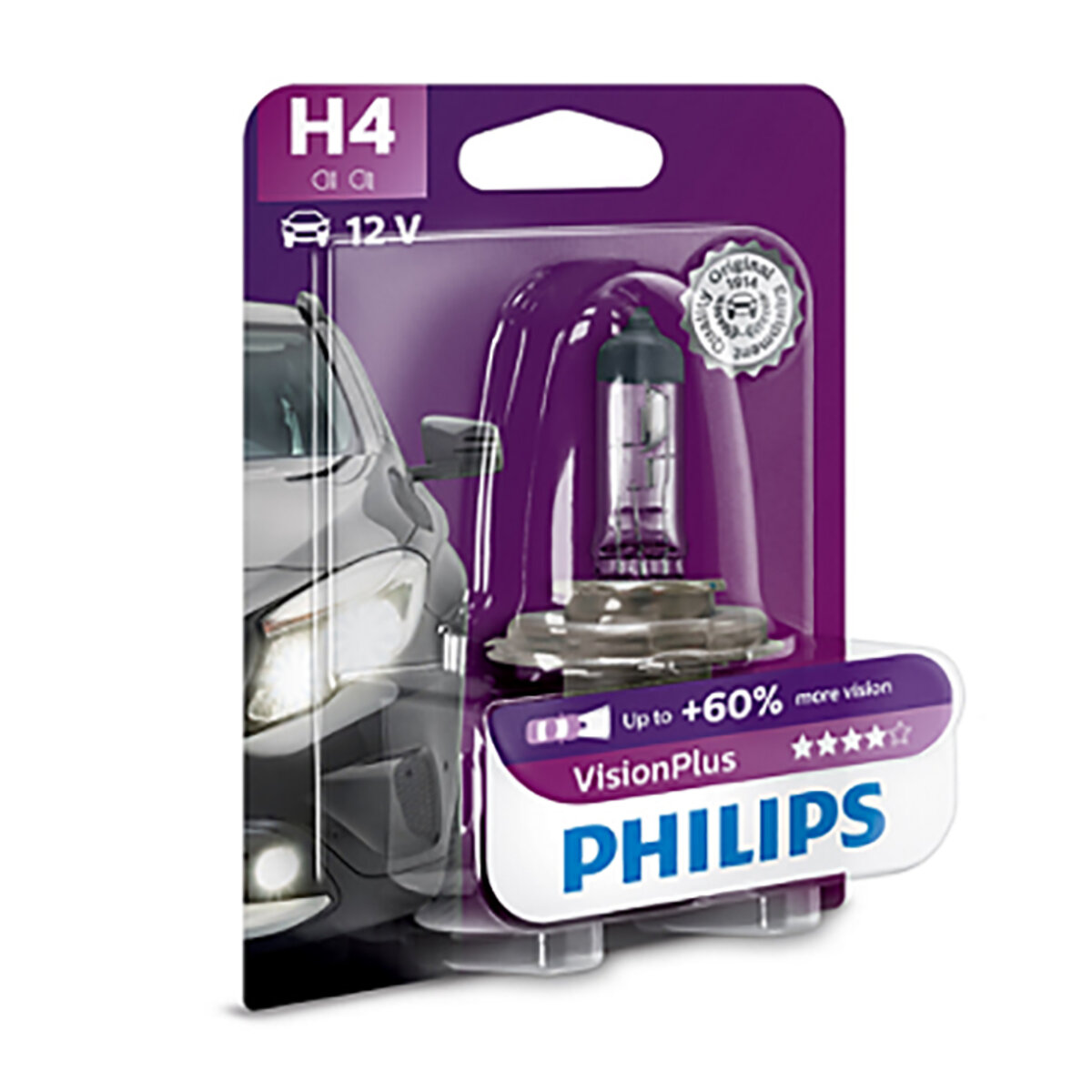 Галогенова лампа Philips H4 12V 60/55W P43t-38 VisionPlus (+60% more light), Blister 1шт (12342VPB1) дивитися фото №1