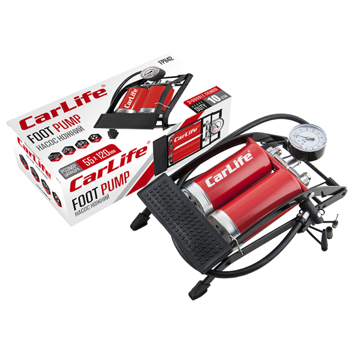 Насос ножний CarLife двоциліндровий 55ммx120мм (FP842) дивитися фото №1