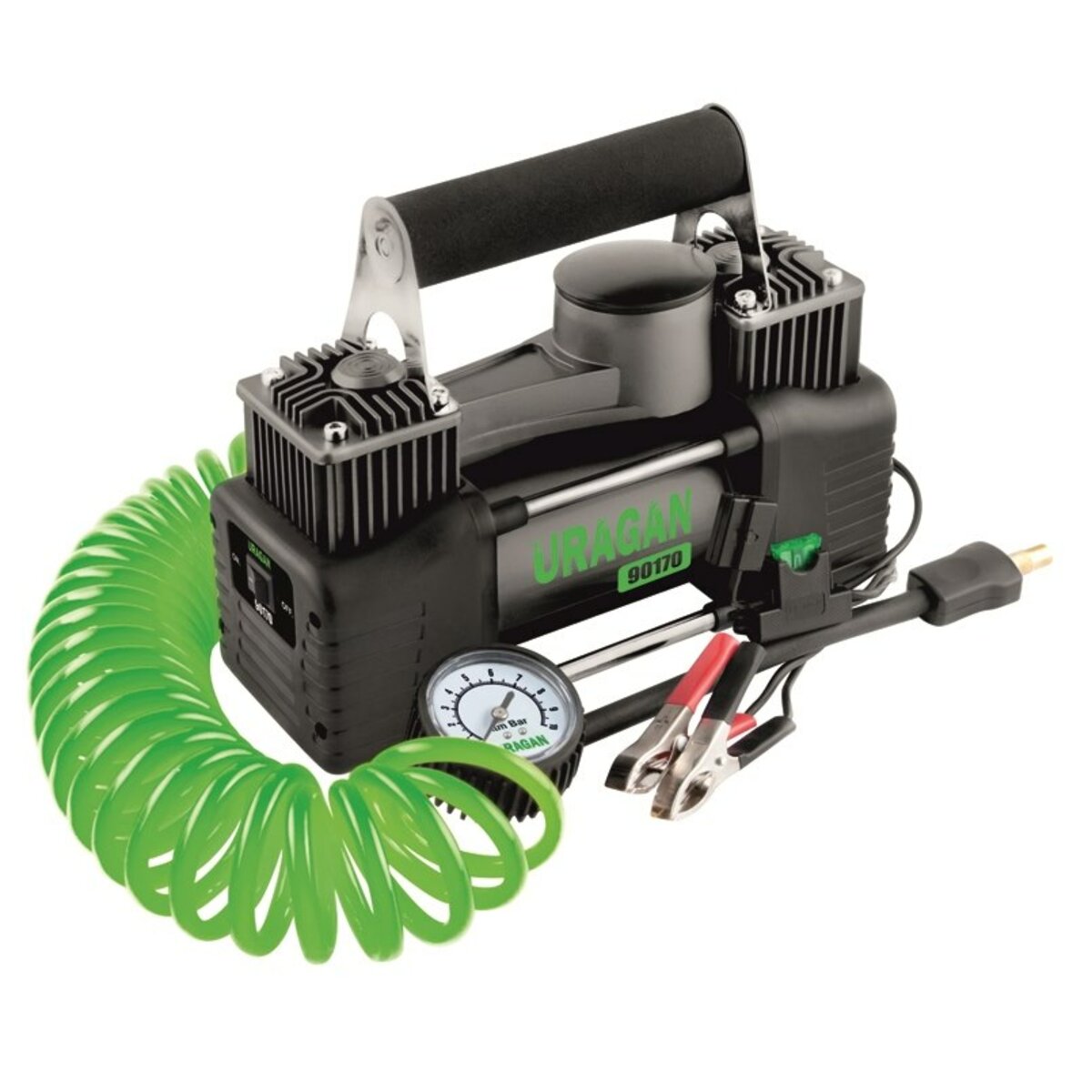 Компресор автомобільний Uragan, двоциліндровий із зажимами АКБ (90170) дивитися фото №1