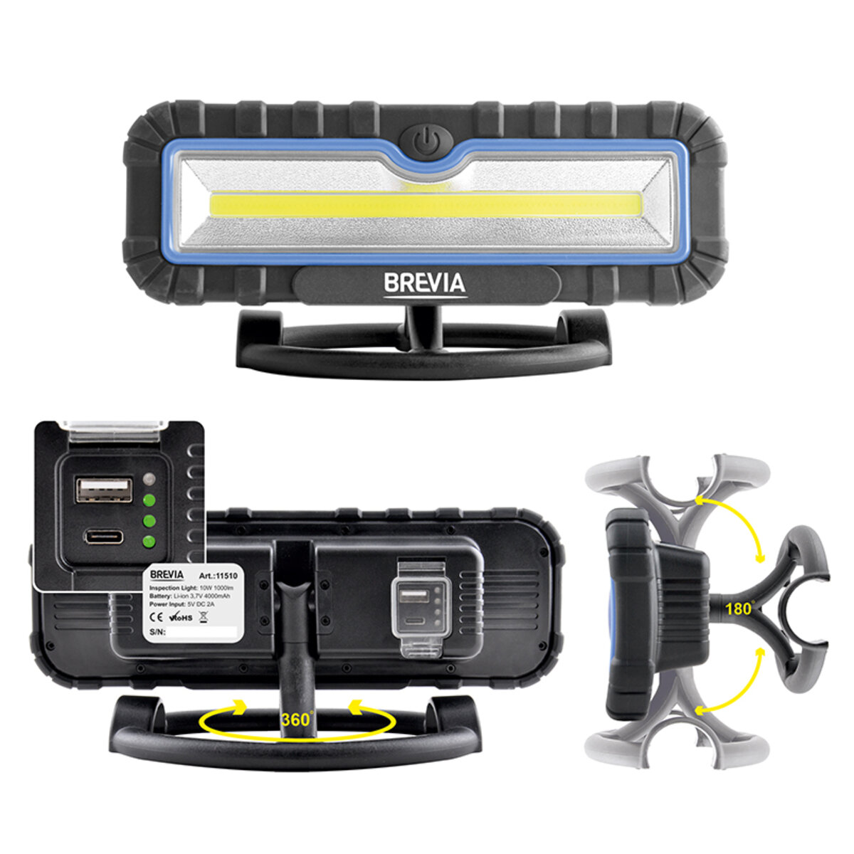 Профессиональная инспекционная лампа Brevia LED 10W COB 1000lm 4000mAh Power Bank, type-C (11510) смотреть фото №3