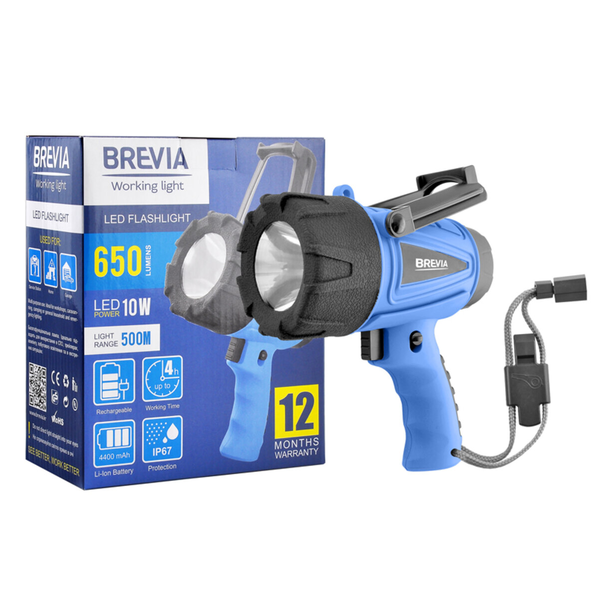 Фонарь инспекционный Brevia LED 500М 10W LED 650lm 4400mAh, microUSB (11600) смотреть фото №1