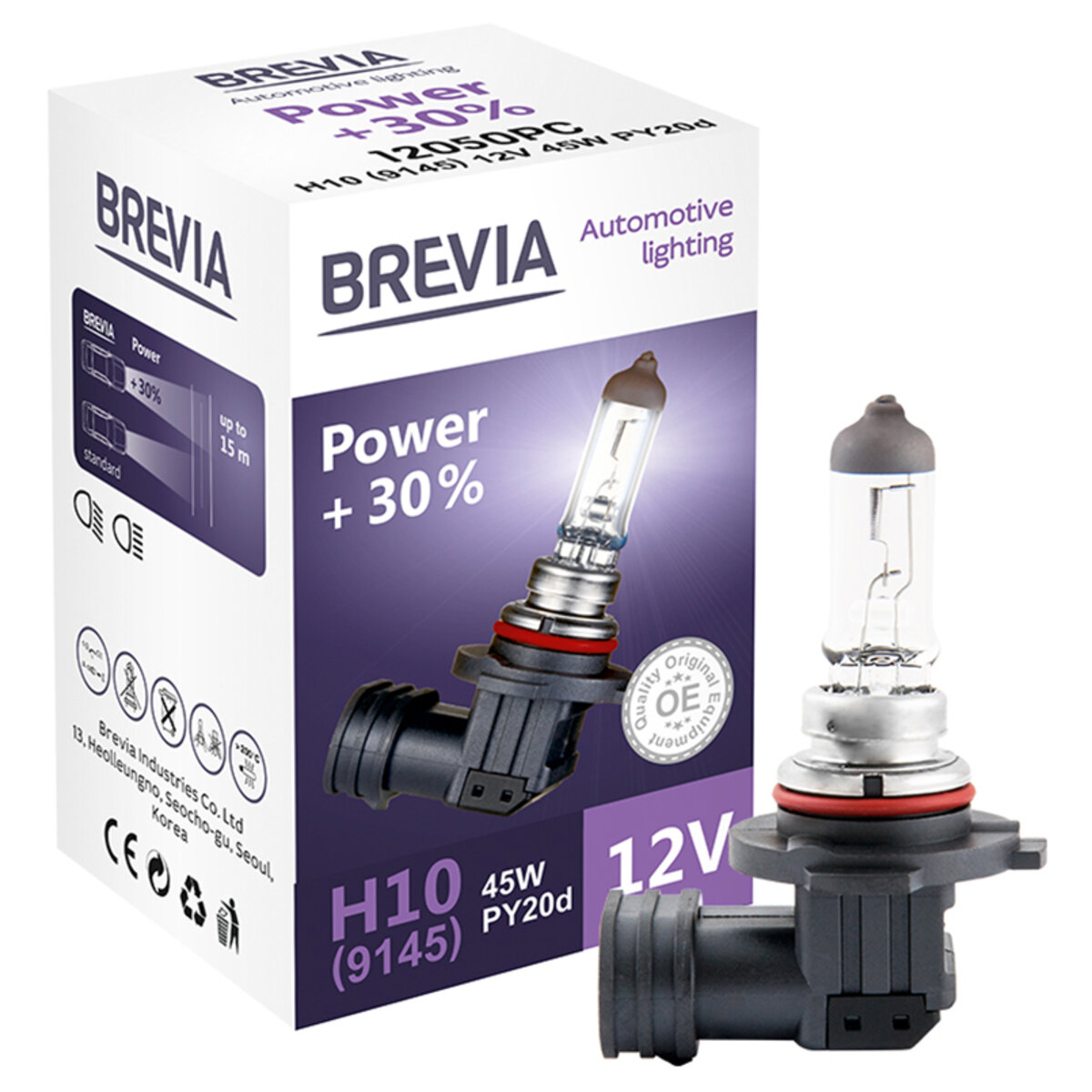 Галогенова лампа Brevia H10 12V 45W PY20d Power +30% CP (12050PC) дивитися фото №1