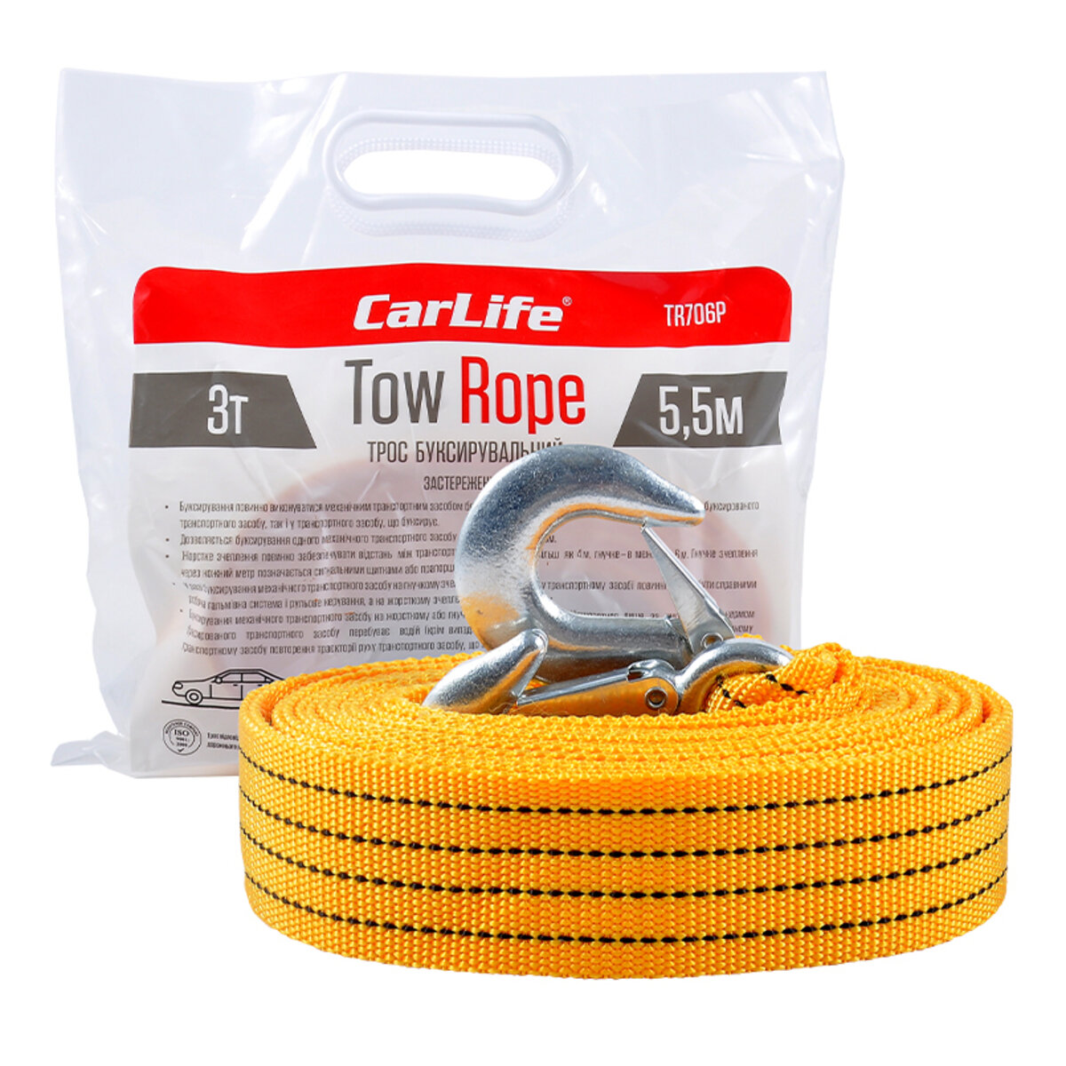 Буксирувальний трос Carlife 3т, 5,5м (сумочка поліетилен) (TR706/P) дивитися фото №1
