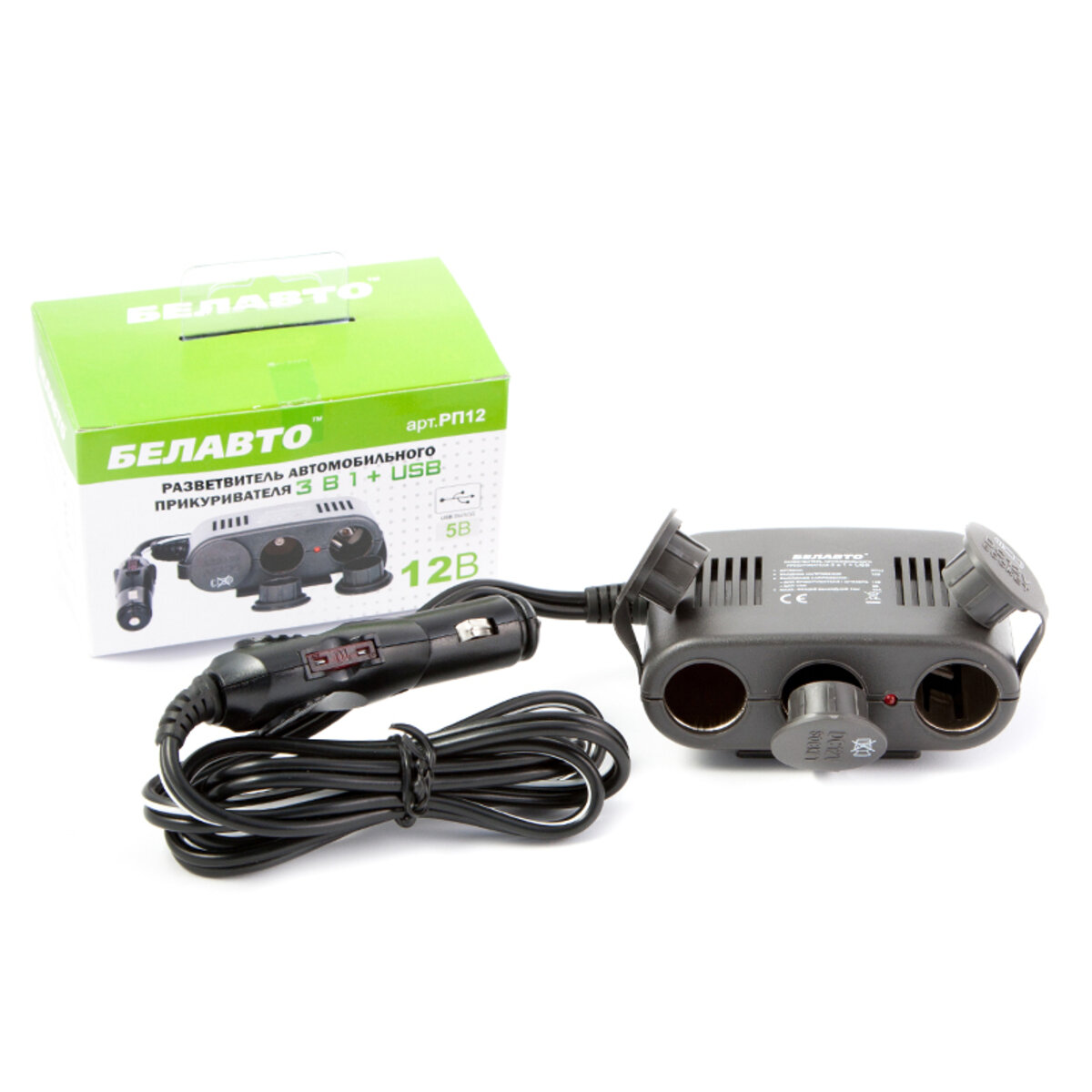 Разветвитель автомобильного прикуривателя Белавто 3в1 + USB (RP12) смотреть фото №1