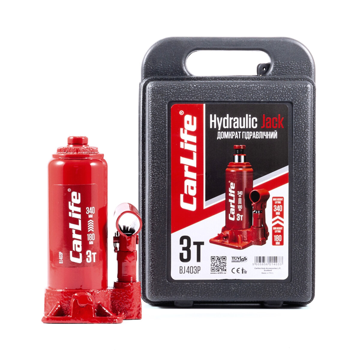 Домкрат гідравлічний пляшковий CarLife 3т 180-340мм у кейсі (BJ403P) дивитися фото №2