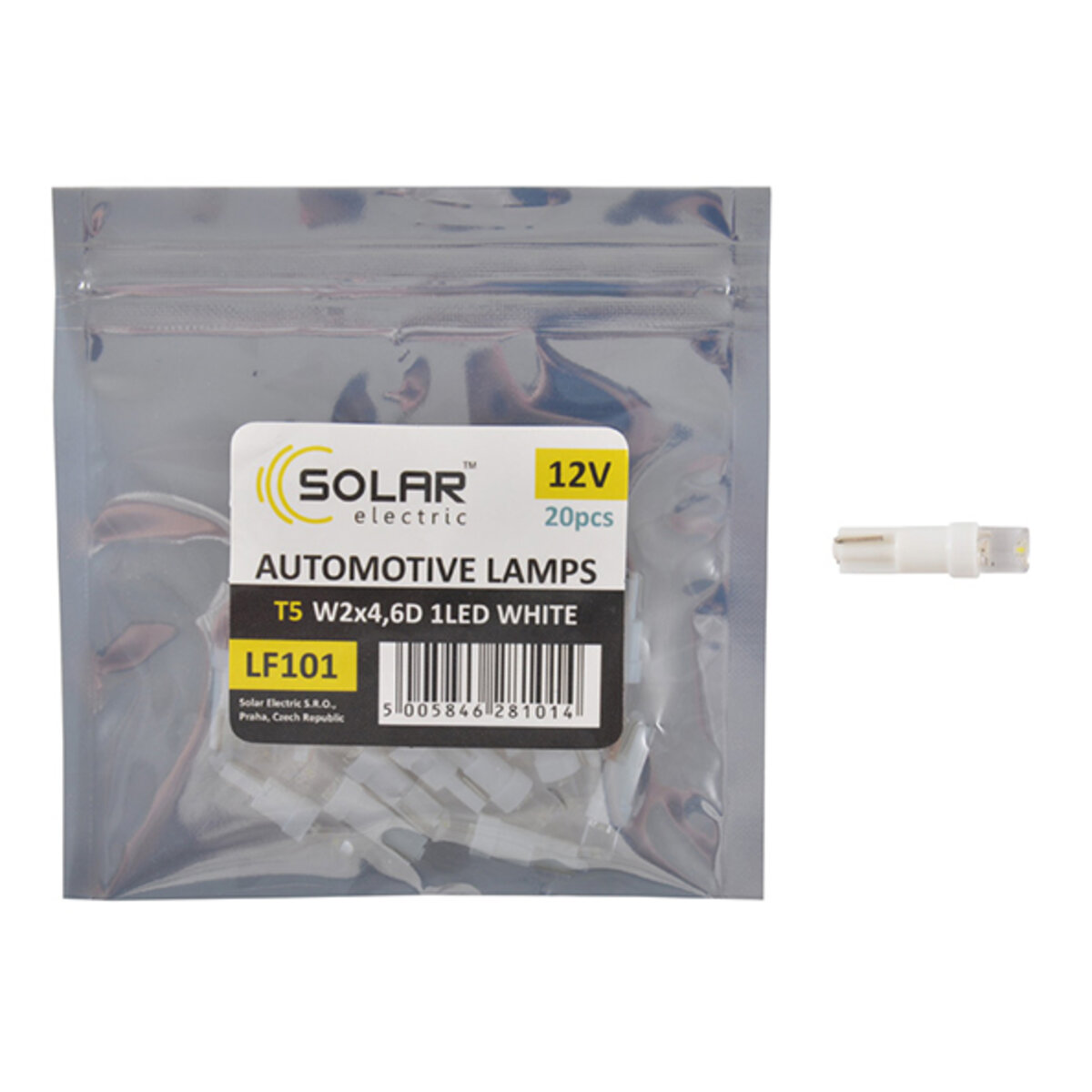 LED автолампа Solar 12V T5 W2x4.6d 1leds white 20шт (LF101_P) дивитися фото №1