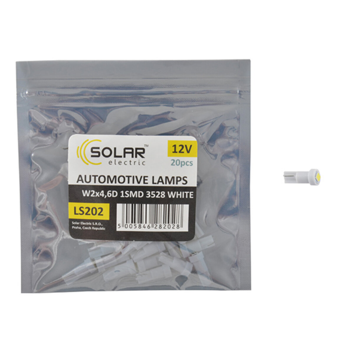 LED автолампа Solar 12V T5 W2x4.6d 1smd 3528 white 20шт (LS202_P) дивитися фото №1