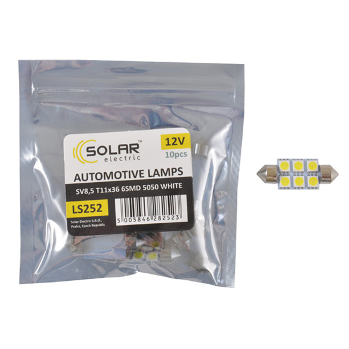 LED автолампа Solar 12V SV8.5 T11x36 6smd 5050 white 10шт (LS252_P) дивитися фото №1