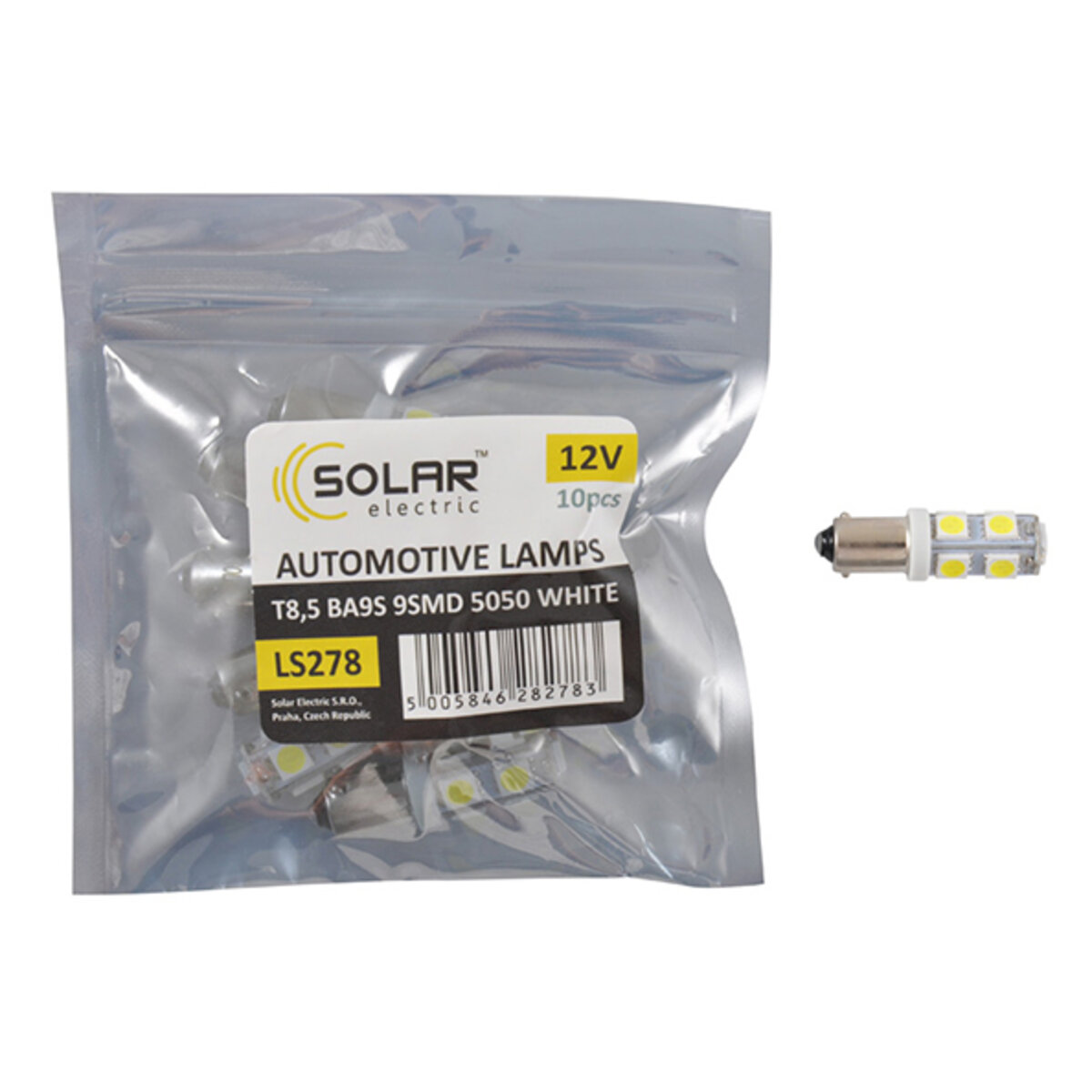 LED автолампа Solar 12V T8.5 BA9s 9SMD 5050, white 10шт (LS278_P) дивитися фото №1