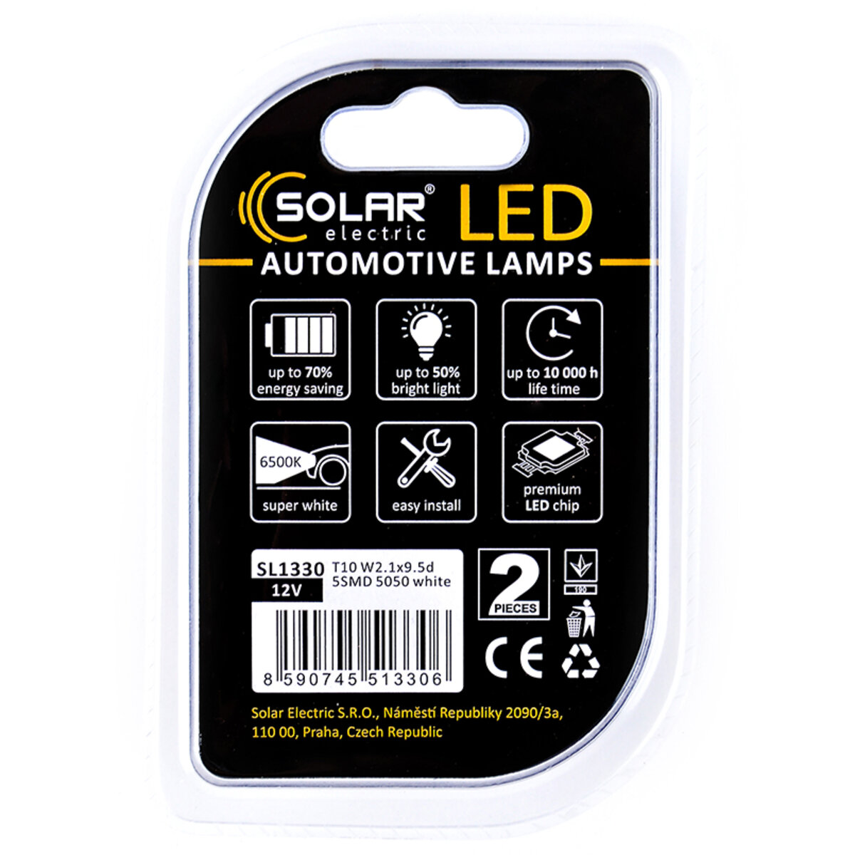 LED автолампа Solar 12V T10 W2.1x9.5d 5SMD white, 2шт SL1330 (SL1330) дивитися фото №2