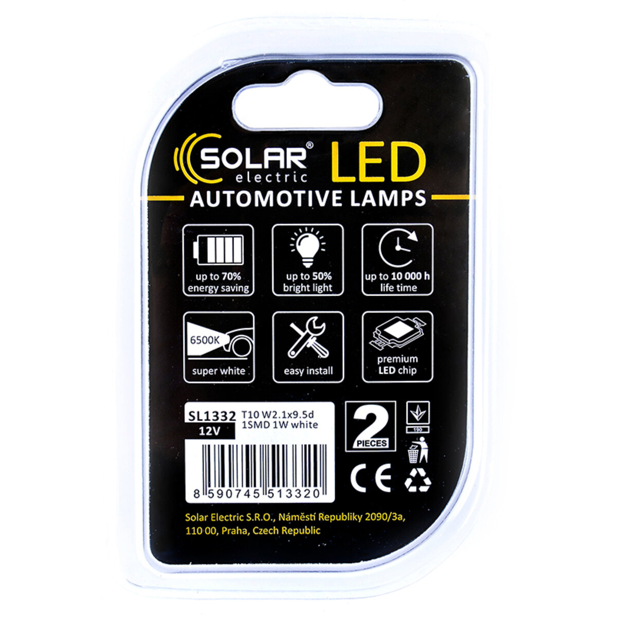 LED автолампа Solar 12V T10 W2.1x9.5d 1SMD white, 2шт SL1332 (SL1332) дивитися фото №2