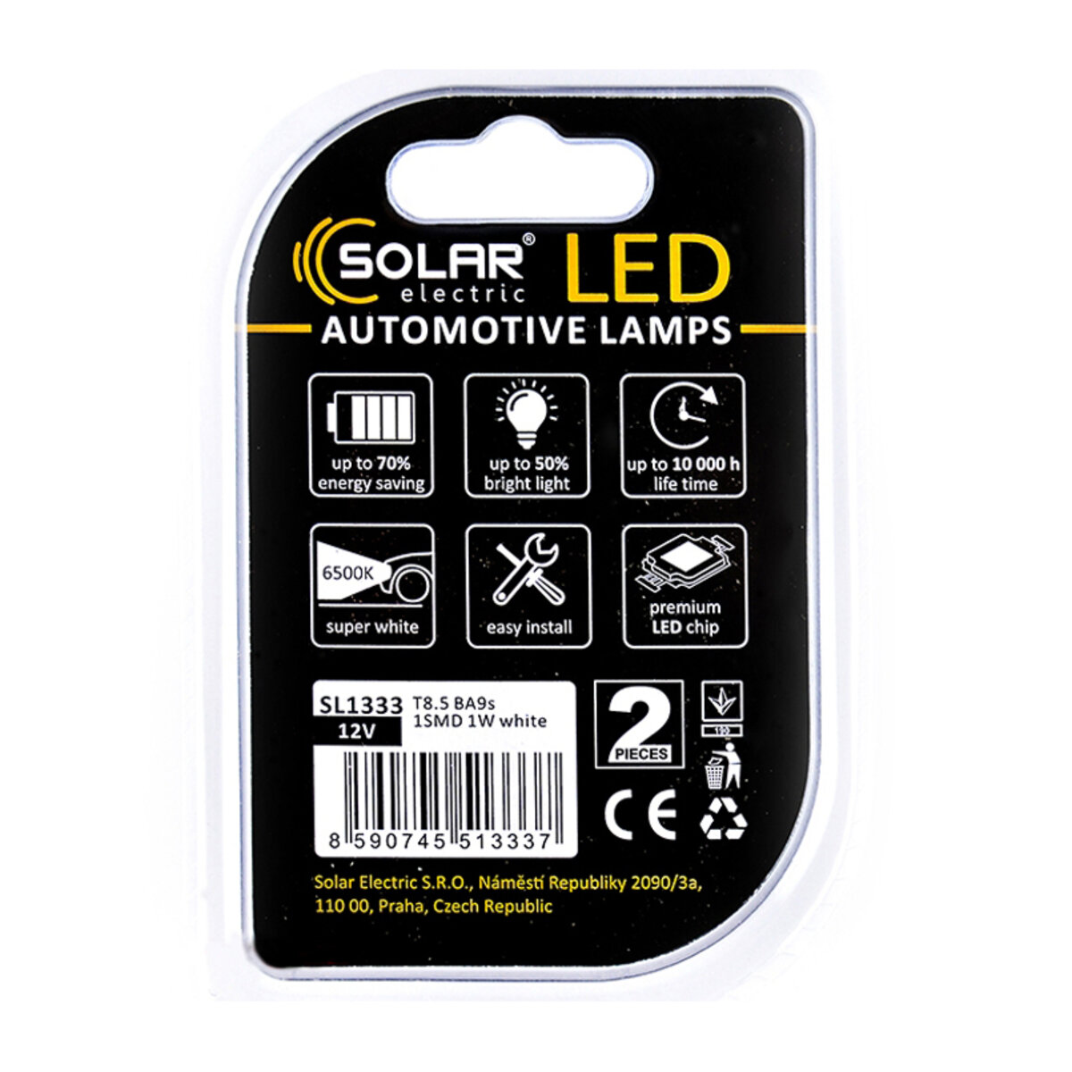 LED автолампа Solar 12V T8.5 BA9s 1SMD white, 2шт (SL1333) дивитися фото №3