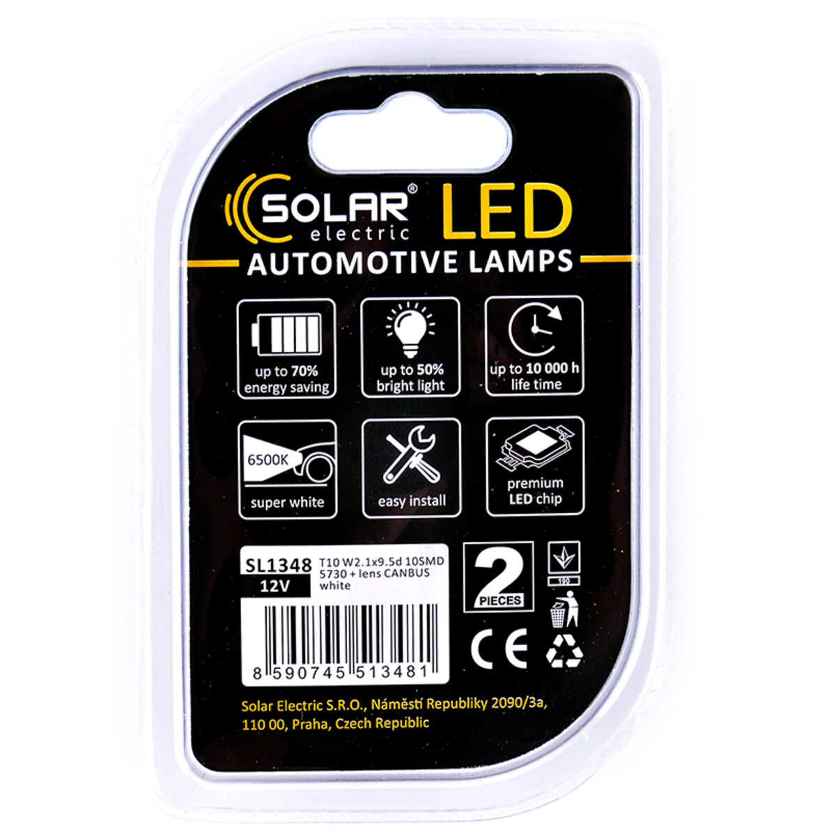 LED автолампа Solar 12V T10 W2.1x9.5d 10SMD white, 2шт SL1348 (SL1348) дивитися фото №2