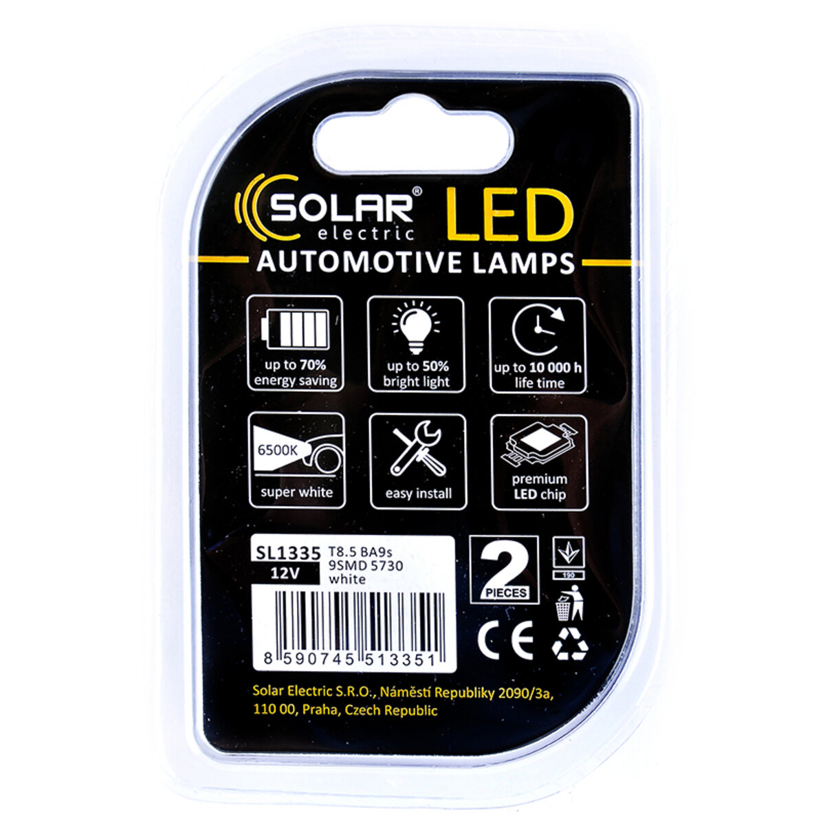 LED автолампа Solar 12V T8.5 BA9s 9SMD white, 2шт (SL1335) дивитися фото №2